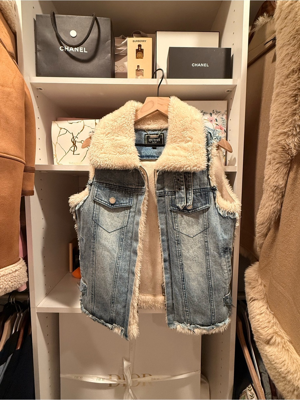 GUESS Woman’s ' Light Wash Denim Vest with Cream Sherpa Lining